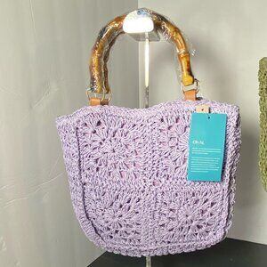 💐 KISS SEA Lavender Woven Crochet Handbag Bamboo Handle NWT